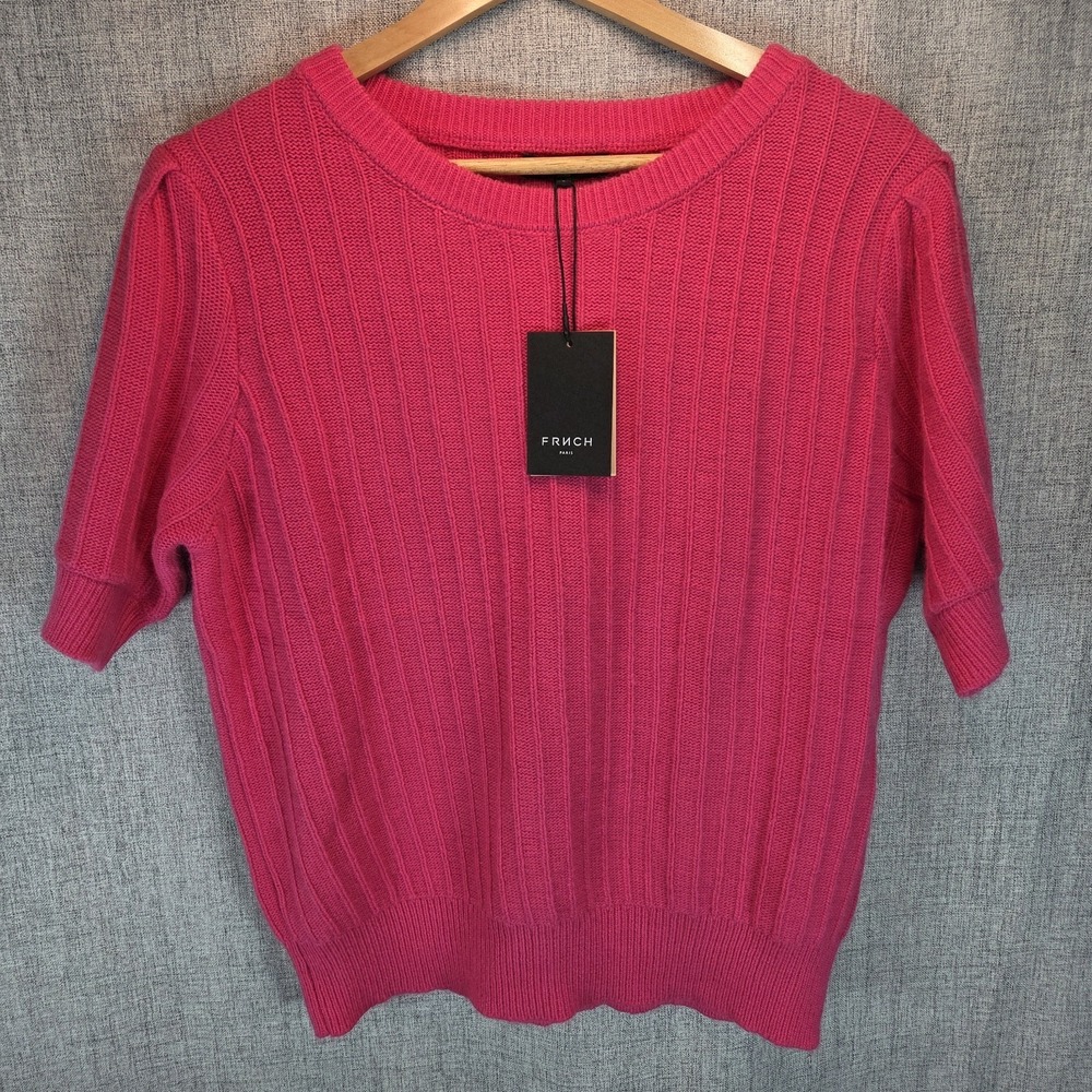 Frnch Paris Ribbed Hot Pink Sweater‎ Large Womens SS Knit Crew Barbiecore
